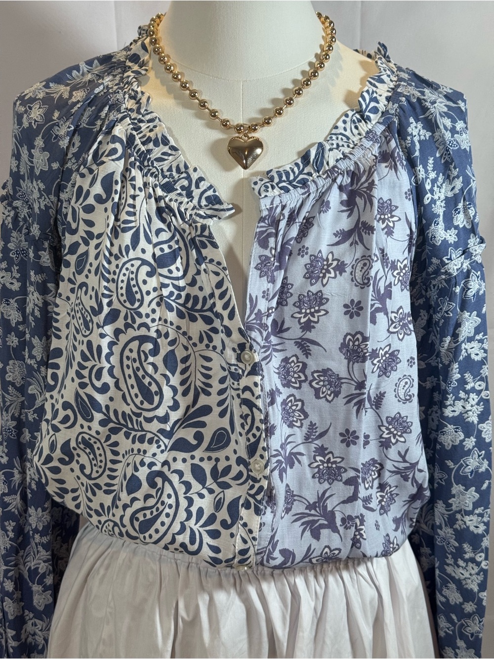 beachlunchlounge Blue and White Mixed-Print Peasant Blouse NWT
